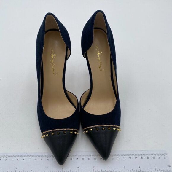 Women Faux Suede Stiletto High Heels Pumps D'Orsay Pointy Toe Rivets Studded - Picture 2 of 7